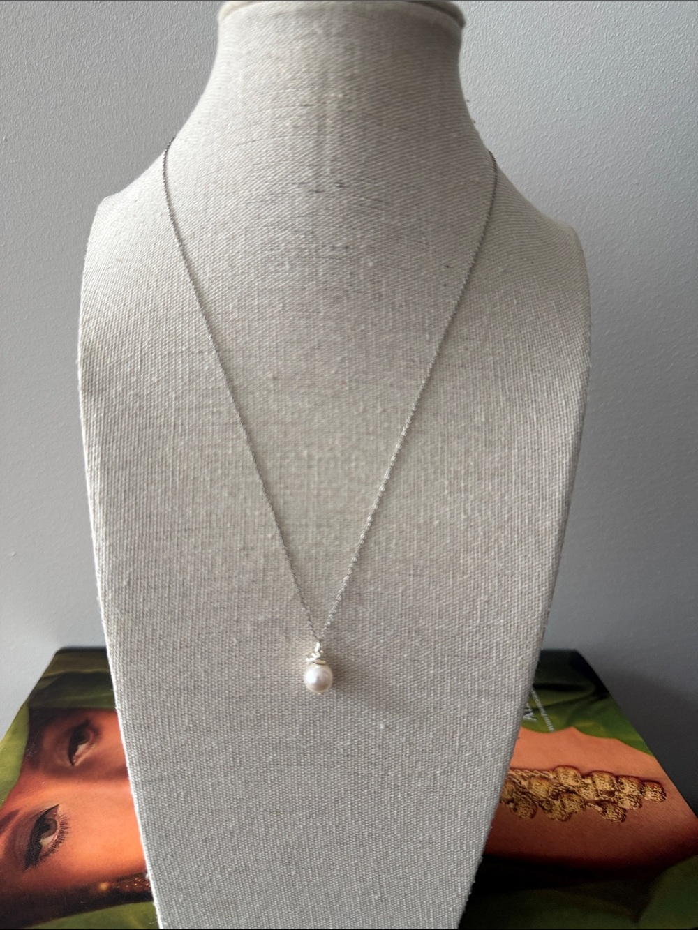 Sterling Silver Necklace w/Single Teardrop Pearl Suspended from Fine Chain.